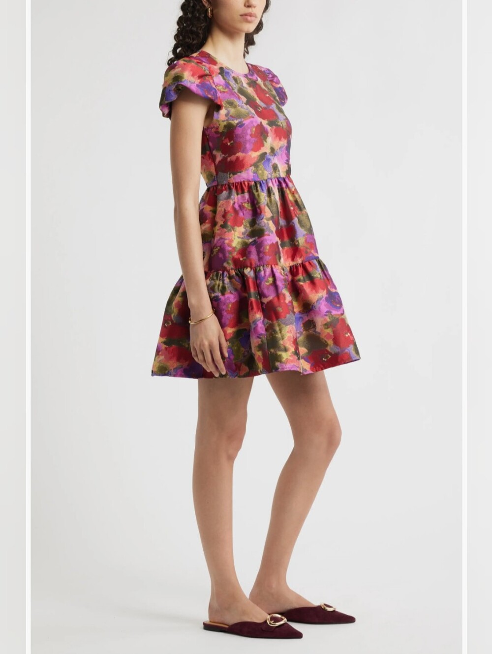 Floral Tiered Short Sleeve Brocade Mini Dress in Floral Multicolor NWT